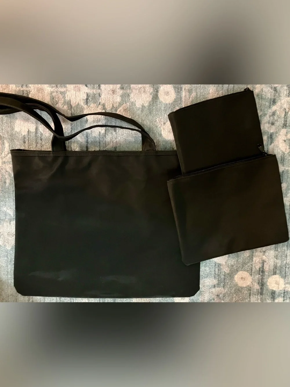 Black Floral Embroidered Tote with Matching Pouch Set